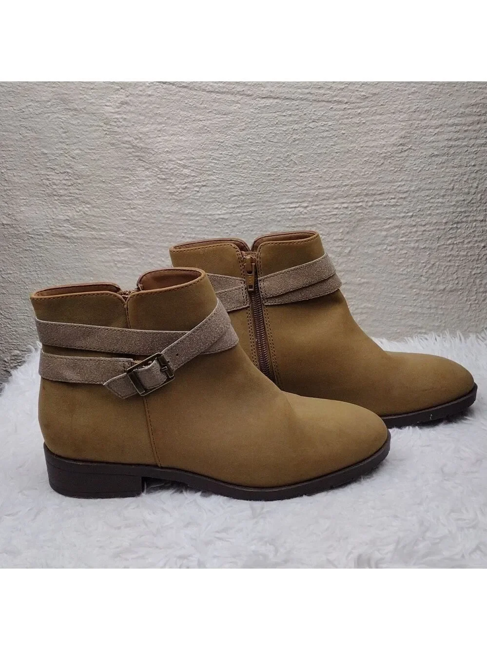 Lands' End Brown Suede Leather Dual Buckle Strap Almond Toe Side Zip Ankle Boot